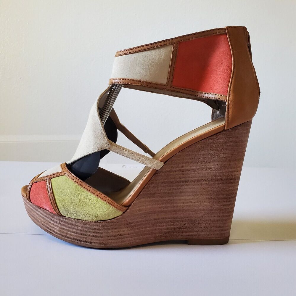 Levity Wedge Sandals Womens 10 Beige Red Green Open Toe Suede Zip Back Platform